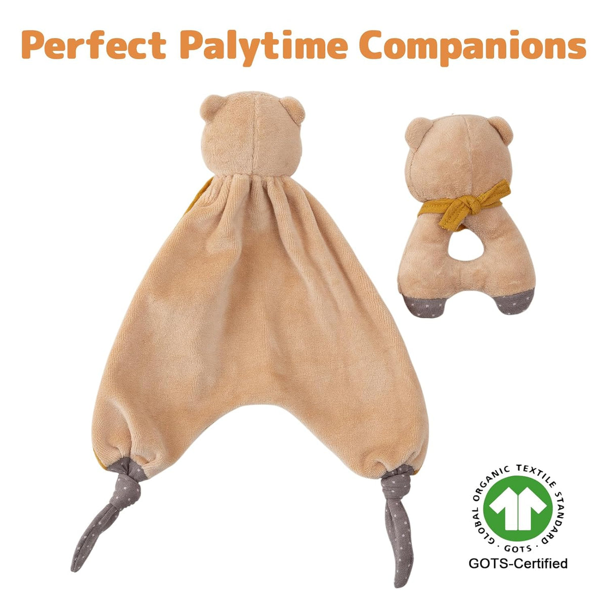 Organic Cotton Stuffed Animal Rattle Baby Toys, Plush Bear Cuddle Cloth and Hand Grip Ring Rattles