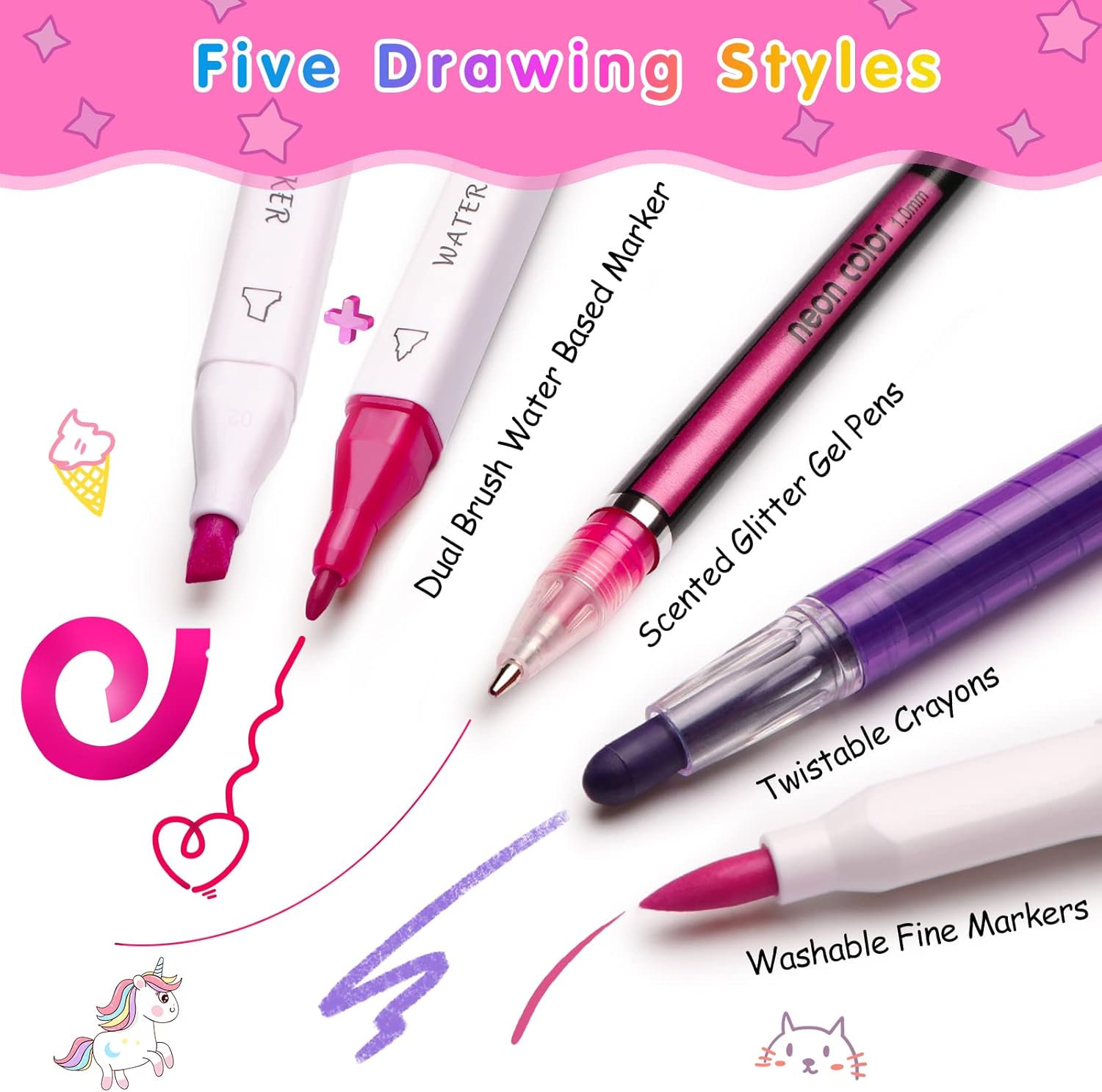 beefunni Unicorn Washable Markers Set 48 pcs with Glitte Pencil Case, Art Supplies for Kids Ages