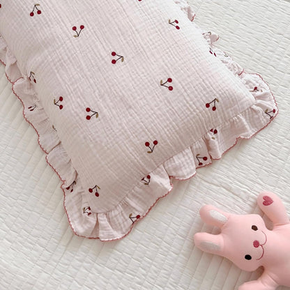 BuLuTu Cotton Muslin Kids Toddler Pillowcase Cherry Pattern, Soft Travel Pillow Ruffle Edge Nursery