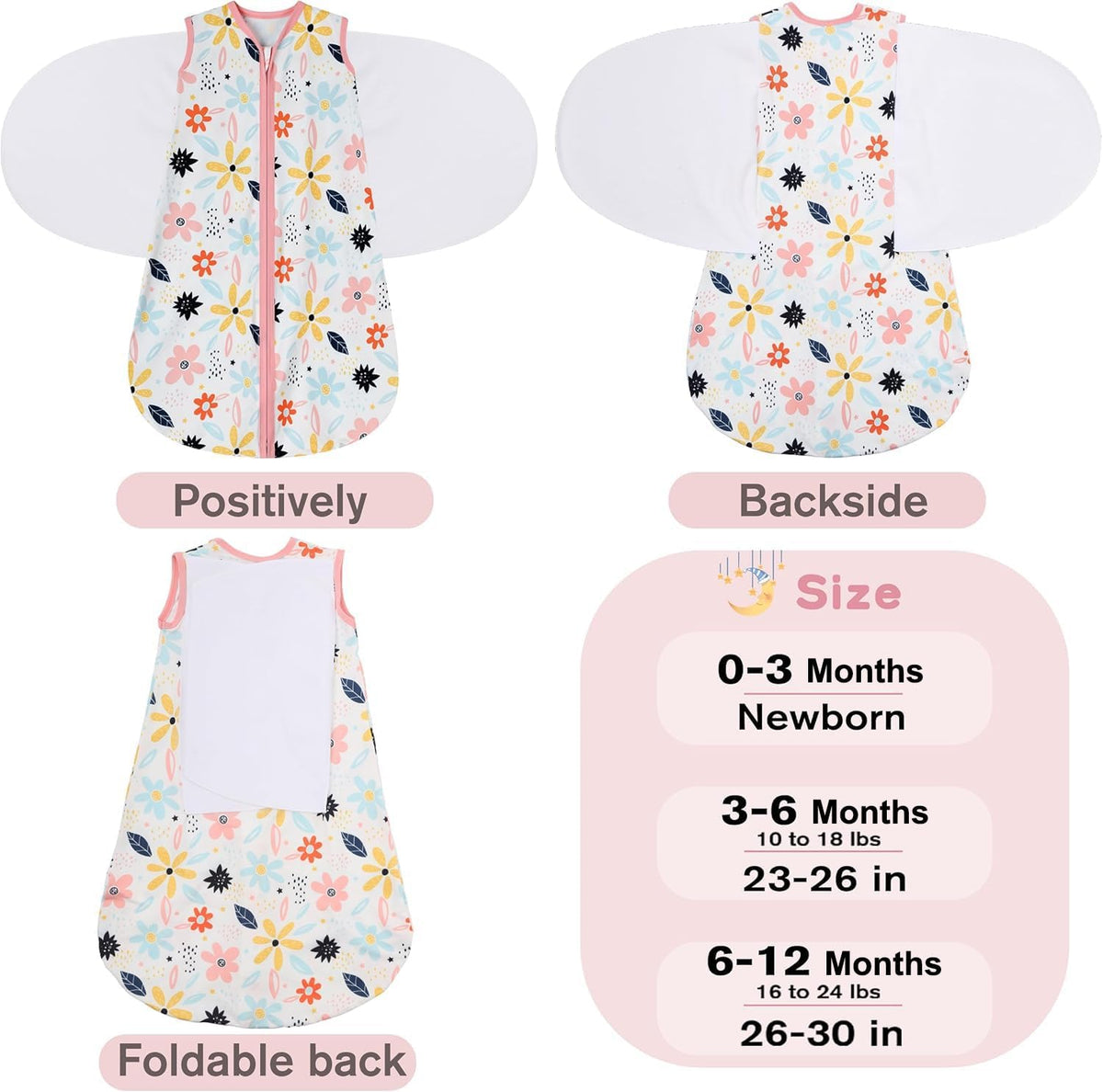 Newborn Sleep Sack Baby Swaddle,6-12 Months,3-Way Adjustable Wearable Blanket,100% Rayon Cotton