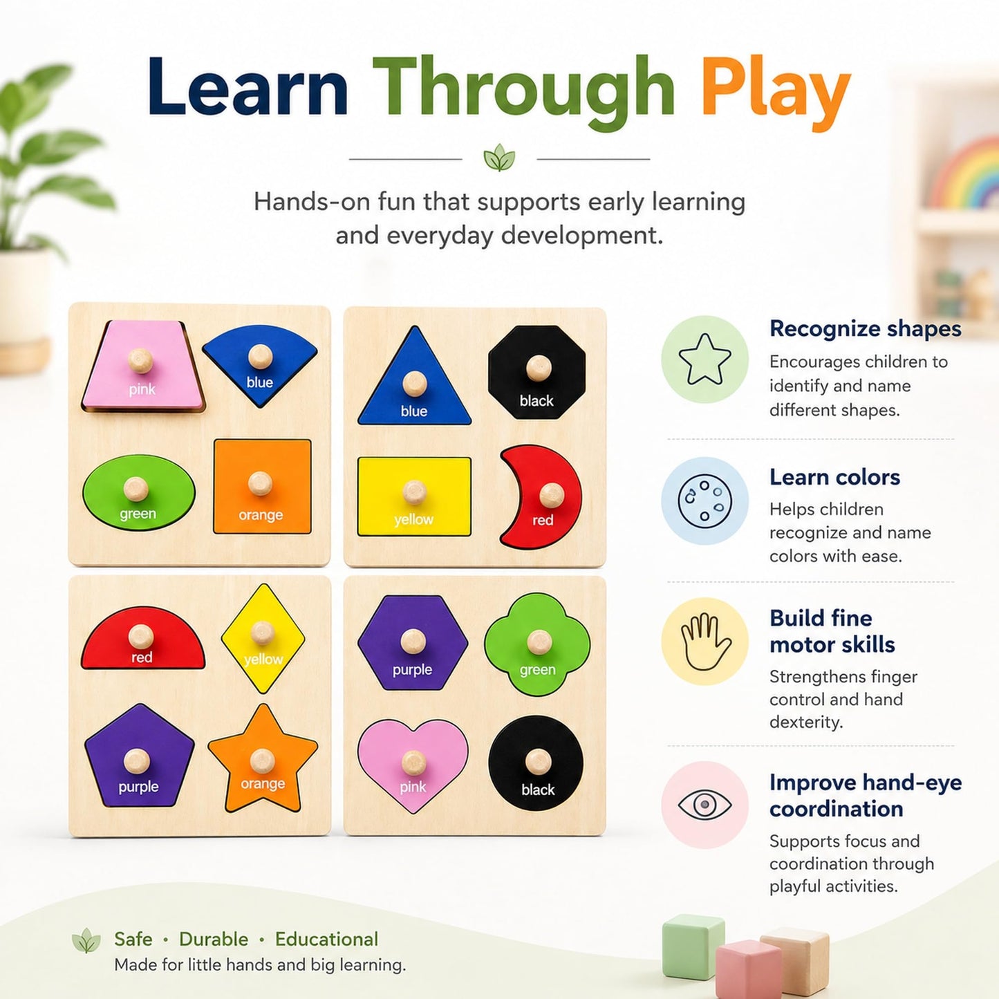 Wooden Shape Color Sorting Puzzle Toys for Toddlers, 4 Pack Montessori Peg Puzzles for Ages 2-4