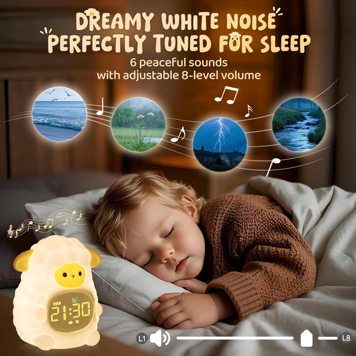 Sheep Alarm Clock with Night Light for Kids with Sleep Training and Sound Machine, Rechargeable