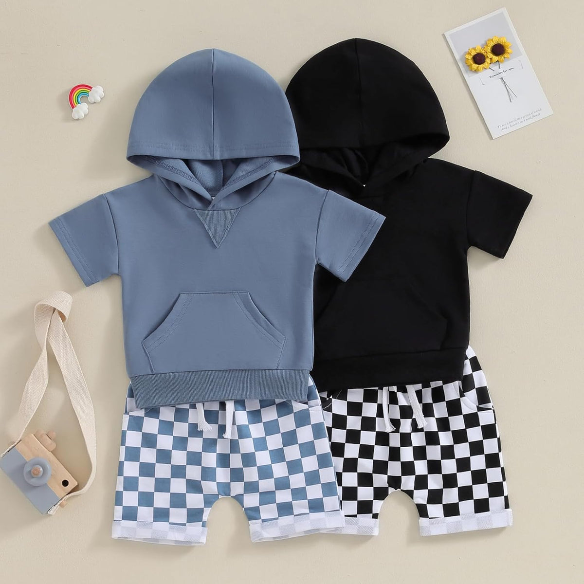 Toddler Baby Boy Summer Hooded Outfit Contrast Color Short Sleeve T Shirt Top Elastic Shorts Summer