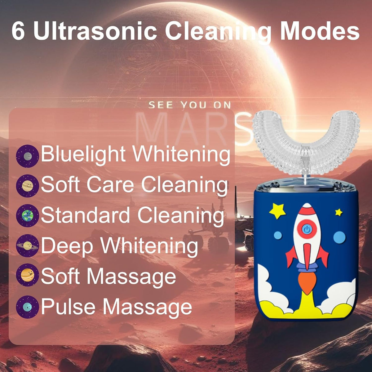 Kids U Shaped Electric Toothbrush Ultrasonic Automatic Brush with 5 Brush Head Rinse Cup 6 Clean