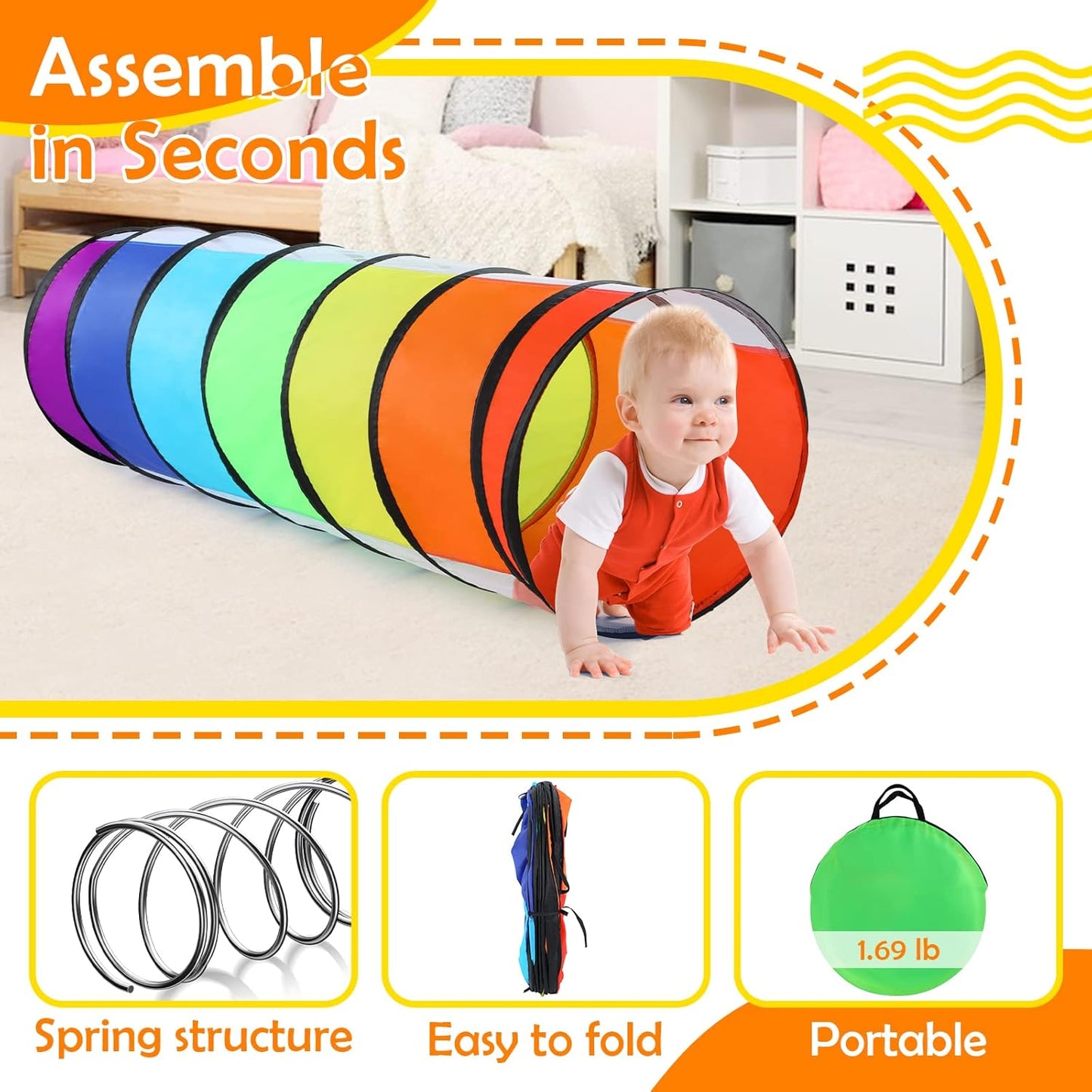 Moncoland Kids Play Tunnel Tent for Toddlers, Colorful Pop Up Crawl Toy Baby Children or Dog Cat