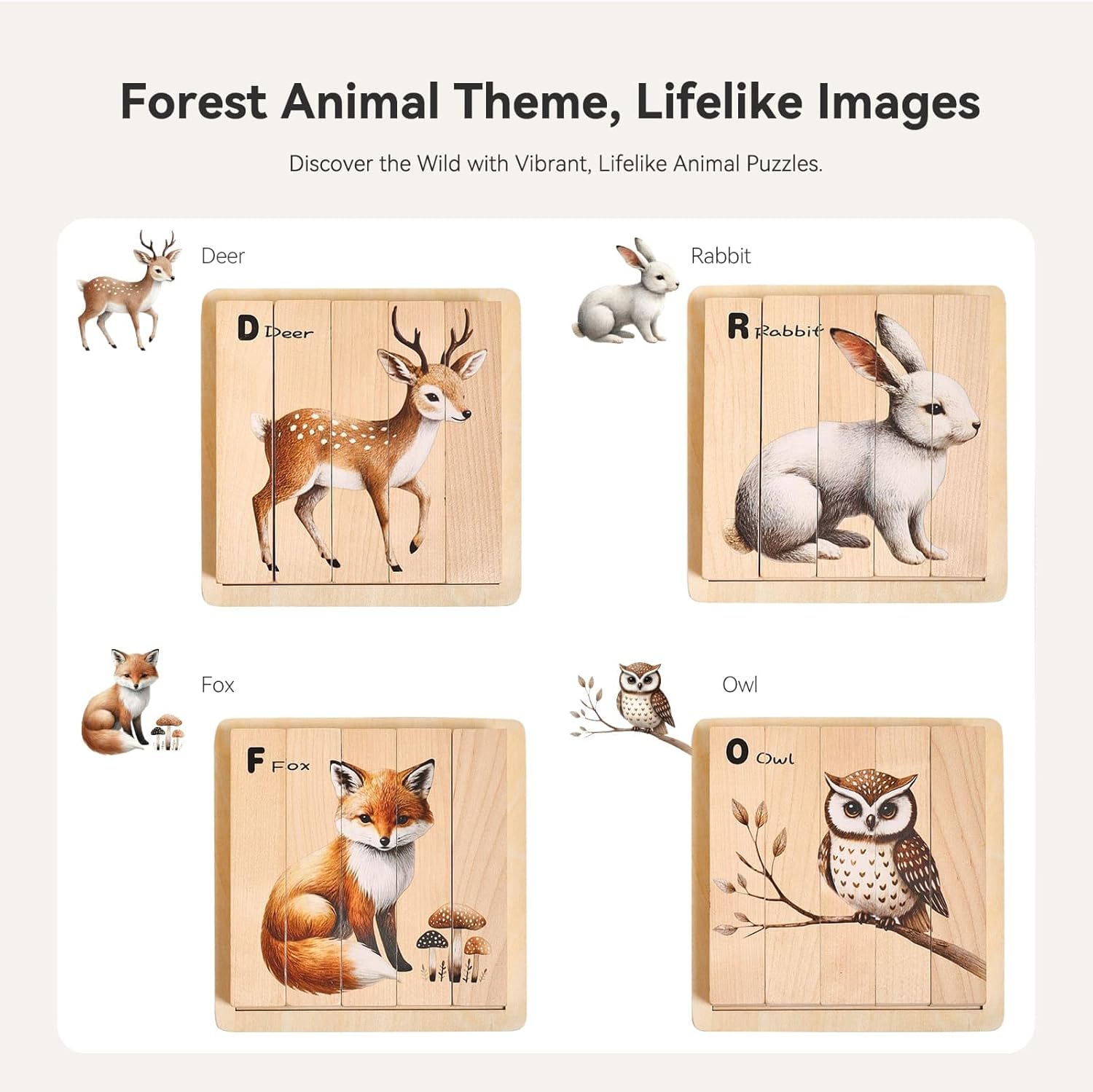 IEATFO 4 in 1 Wooden Animal Chunky Puzzle, 5 Solid Wood Puzzle Blocks with 4 Sides Realistic Forest