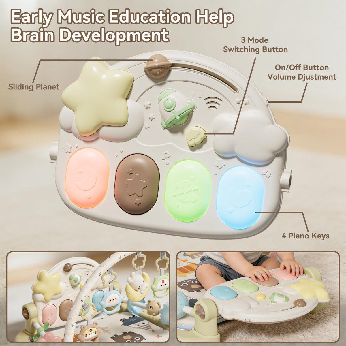 YOULEBITOYS Baby Play Gym Mat - Funny Play Piano Activity Playmat with 5 Infant Learning Detachable