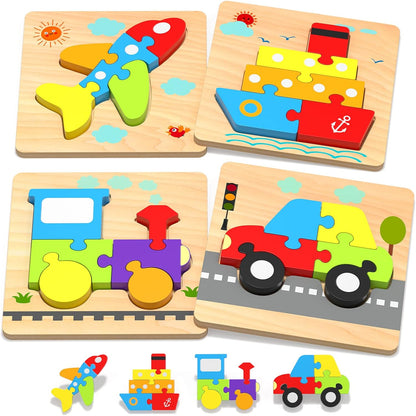 Yetonamr Wooden Toddler Puzzles Gifts Toys for 1 2 3 Years Old Boys Girls, 4 Vehicle Shape