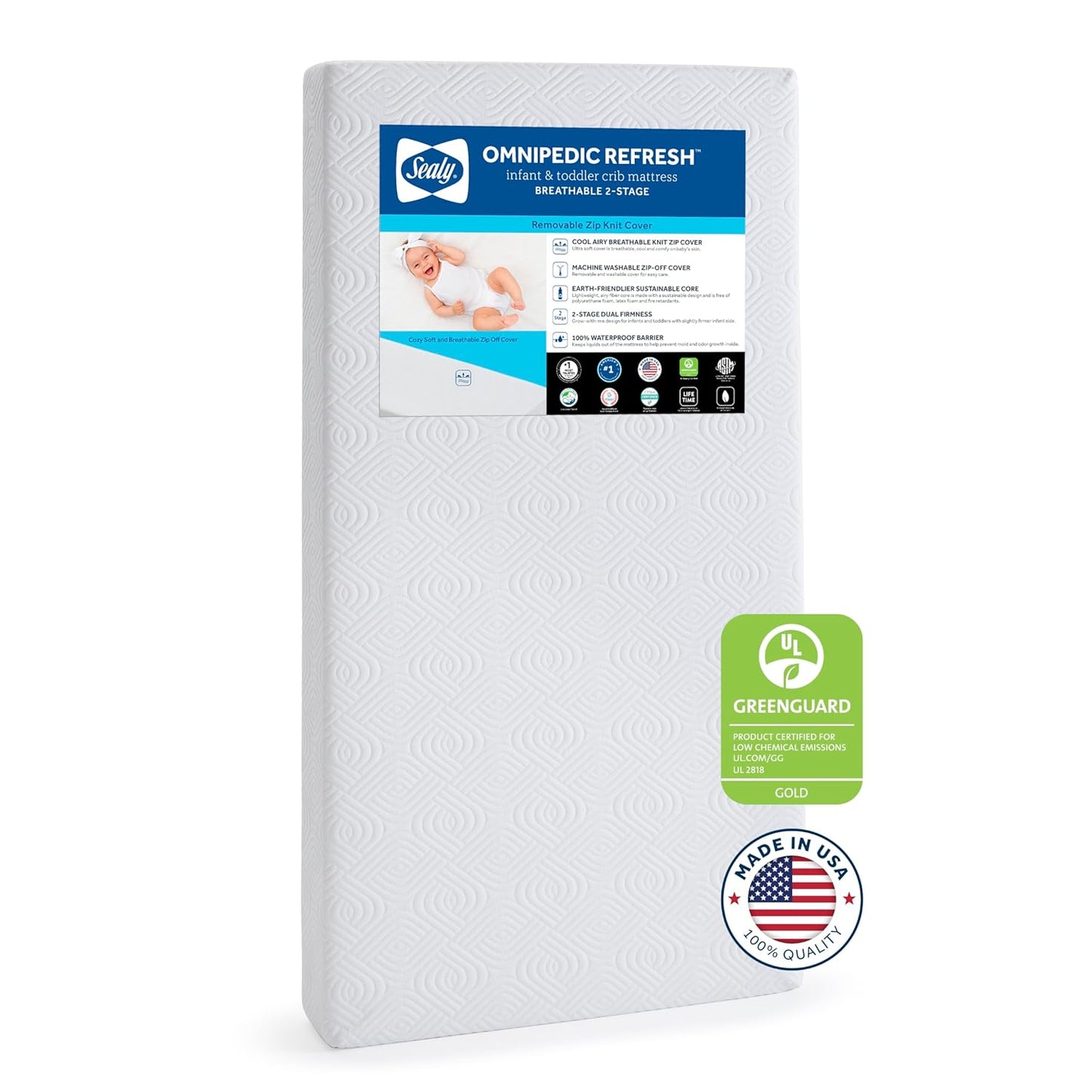 SEALY BABY OmniPedic Refresh Breathable 2 Stage Waterproof Crib Mattress Plus Toddler Bed Fit