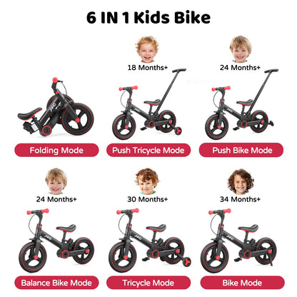 JMMD 6 in 1 Toddler Bike with Push Handle for Kids 18-60 Months, 12" Foldable Balance Bike with