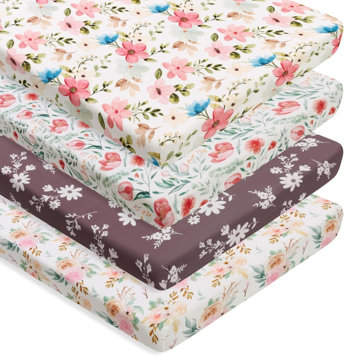 4 Pack Baby Girl Pack N Play Mini Crib Sheets Set Soft Fitted Floral Theme Baby Girl Mattress