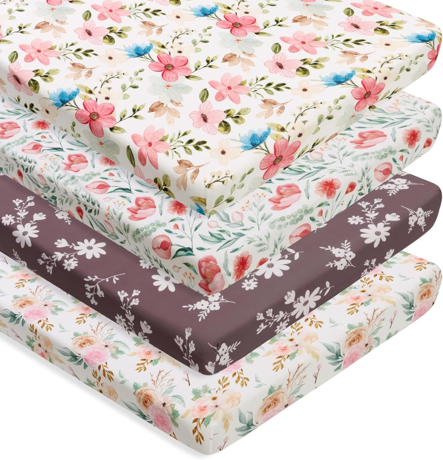 4 Pack Baby Girl Pack N Play Mini Crib Sheets Set Soft Fitted Floral Theme Baby Girl Mattress