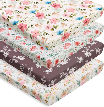 4 Pack Baby Girl Pack N Play Mini Crib Sheets Set Soft Fitted Floral Theme Baby Girl Mattress