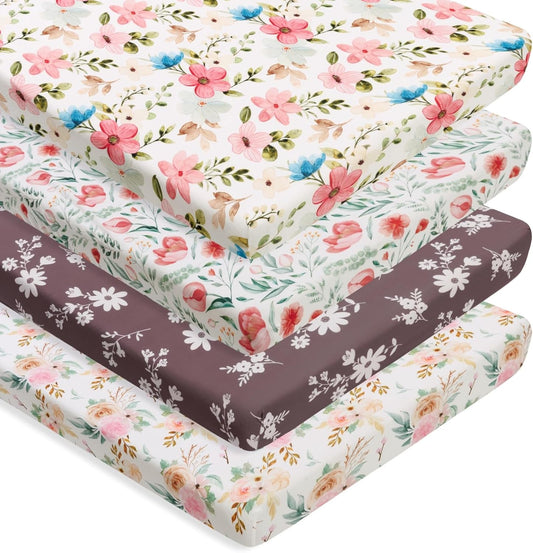 4 Pack Baby Girl Pack N Play Mini Crib Sheets Set Soft Fitted Floral Theme Baby Girl Mattress