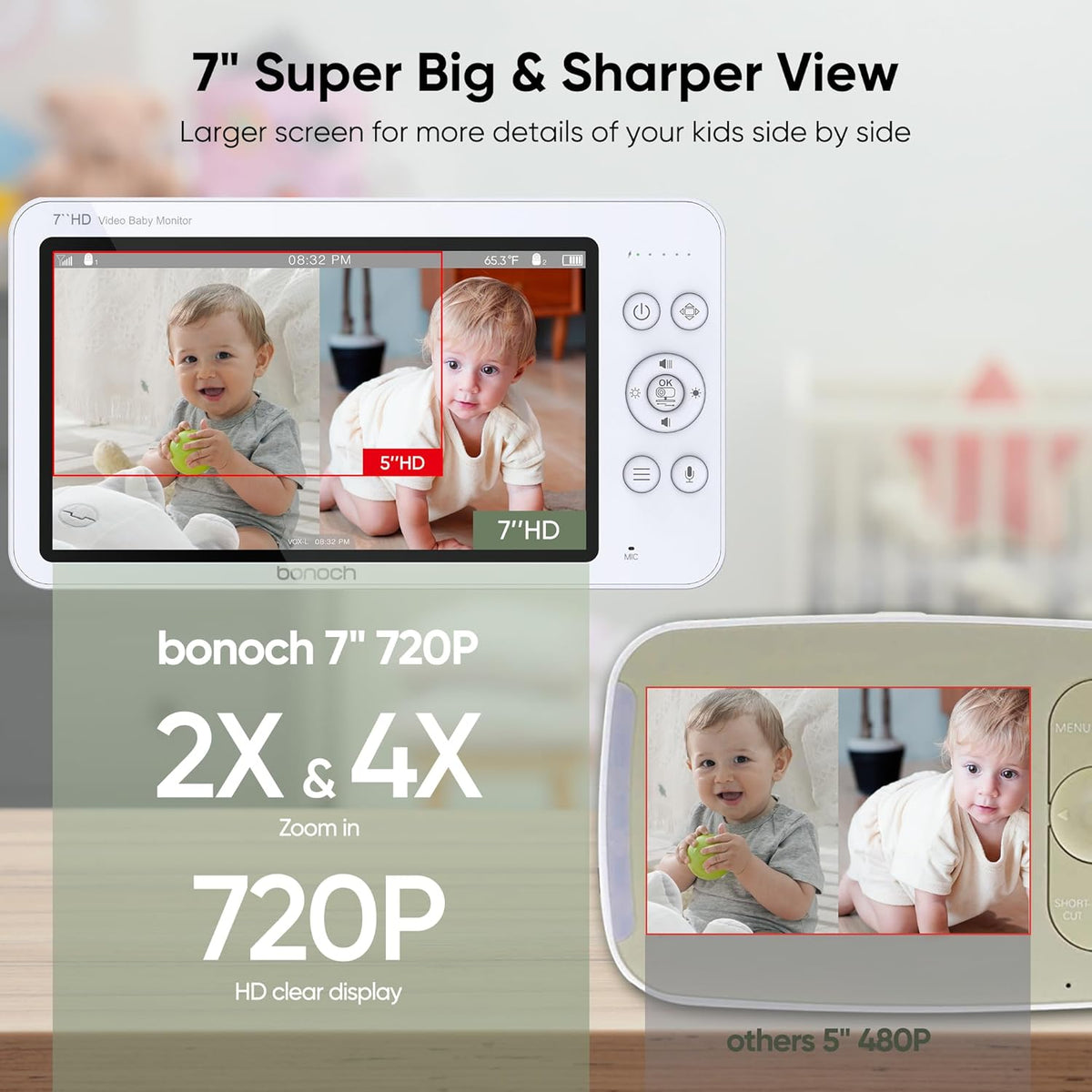 bonoch MegaView Baby Monitor with 2 Cameras, 7" 720P HD Split Screen Baby Monitor No WiFi, Video