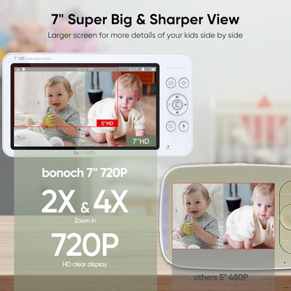 bonoch MegaView Baby Monitor with 2 Cameras, 7" 720P HD Split Screen Baby Monitor No WiFi, Video