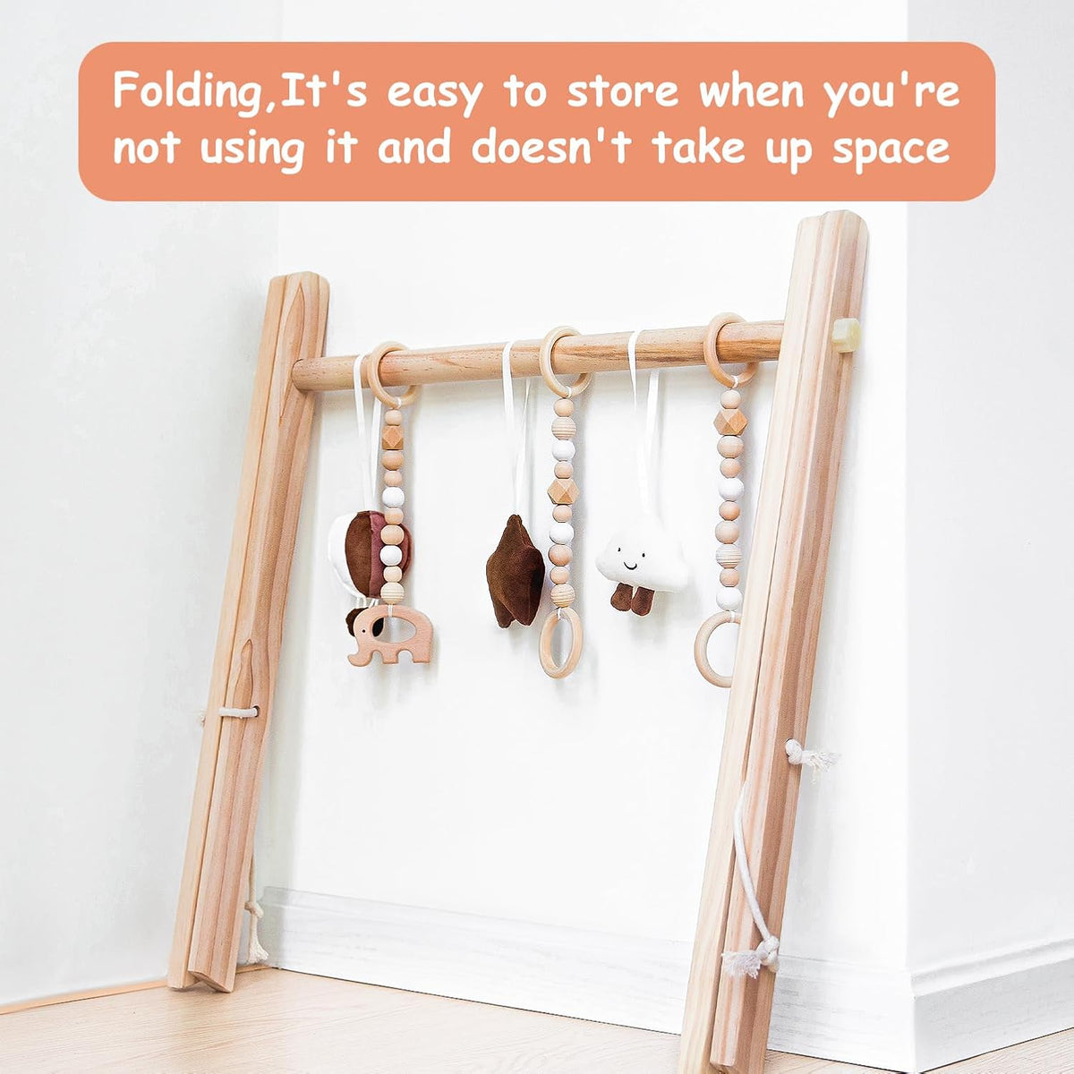 Razee Wooden Baby Play Gym Play Mat, Foldable Baby Gym with 6 Hanging Sensory Toys for Newborn