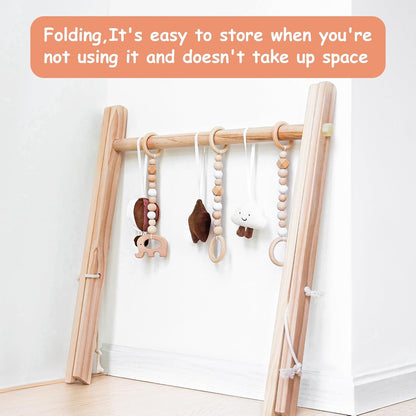 Razee Wooden Baby Play Gym Play Mat, Foldable Baby Gym with 6 Hanging Sensory Toys for Newborn