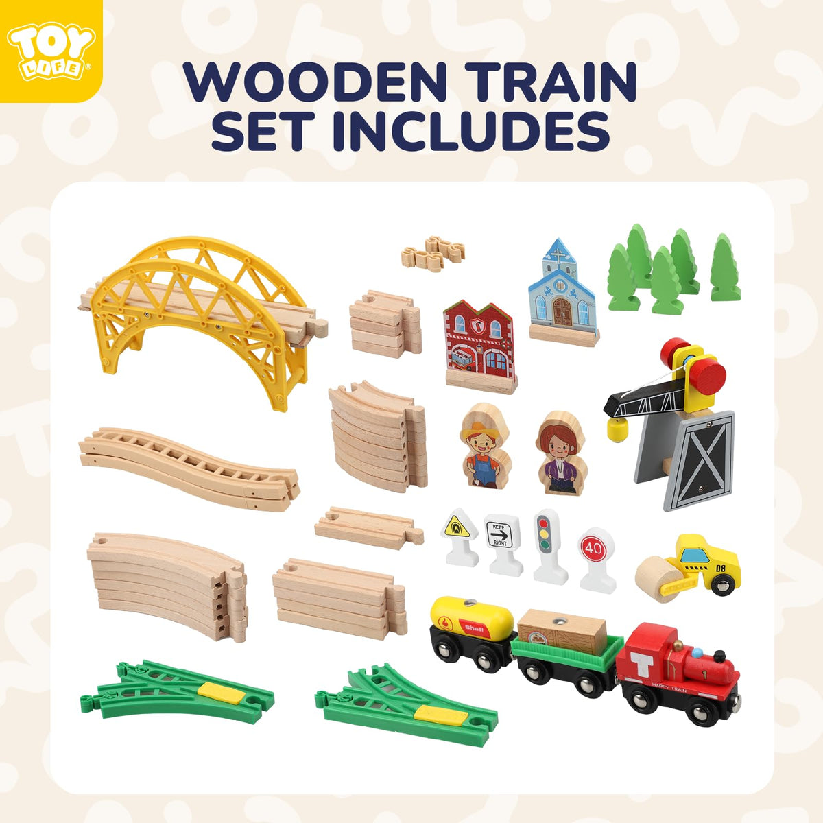 TOY Life Wooden Train Set with Crane, 60-Pc Track, Boys 3-8