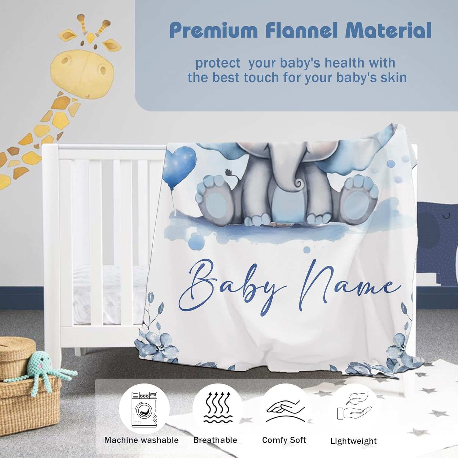 Personalized Baby Blanket for Boy Girl Newborn Custom Elephant Blanket with Name Customized Gifts