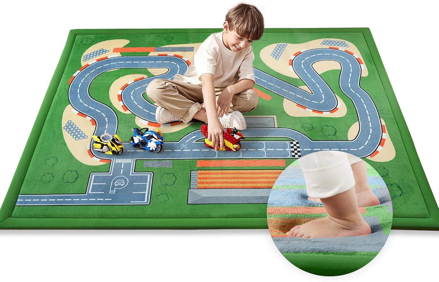Race Track Playmat Rug, 1.3" Toddler Safety Elasti-Foam Playmat 59"×79" Fun and Education Large
