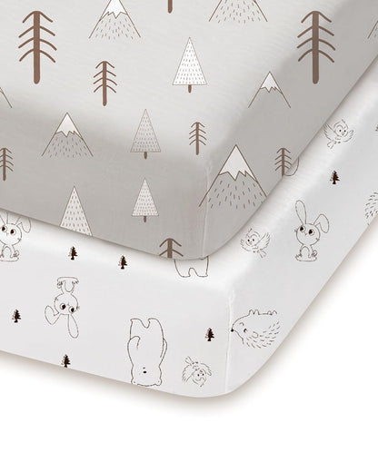 Pack and Play Sheets Fitted, Grey Woodland Animal Design, Ultra Soft, Hypoallergenic, 2 Pack for