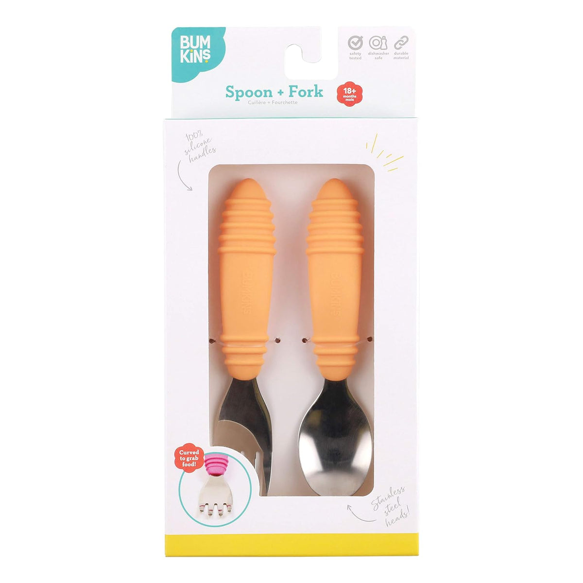 Bumkins Toddler Utensils, Kids Size Fork and Spoon Set, Silicone and Stainless-Steel Training