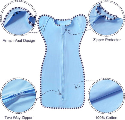 Transition Swaddle, 2 Pack 100% Cotton Baby Sleep Sack, 2-Way Zipper Infant Arm Up Swaddle for