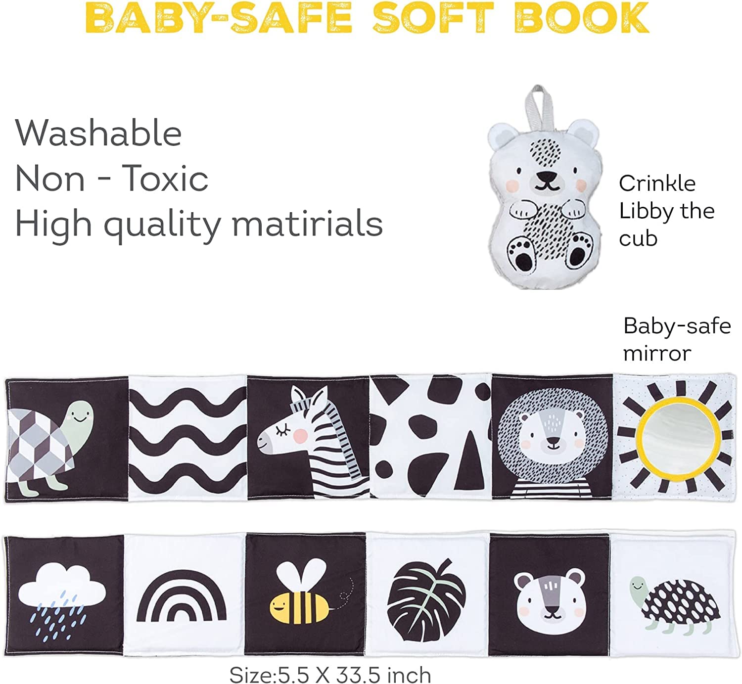 Taf Toys Newborn Soft Activity Book Black & White High Contrast Baby Book Infant Sensory Toys Tummy