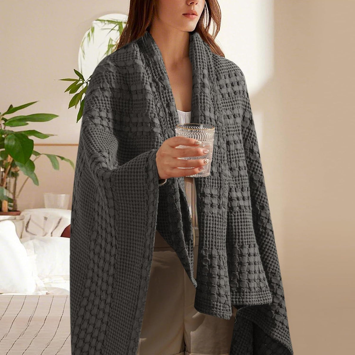 PHF 100% Cotton Waffle Weave Throw Blanket, Soft Lightweight Breathable Cozy Summer Throws for