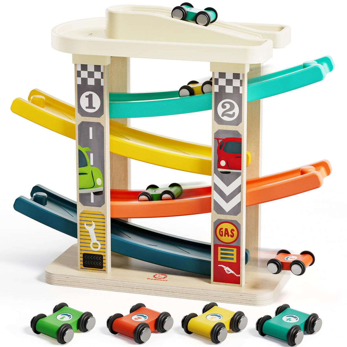 TOP BRIGHT Toddler Toys for 2 Year Old Boy, Wooden Car Ramp Race Track Set