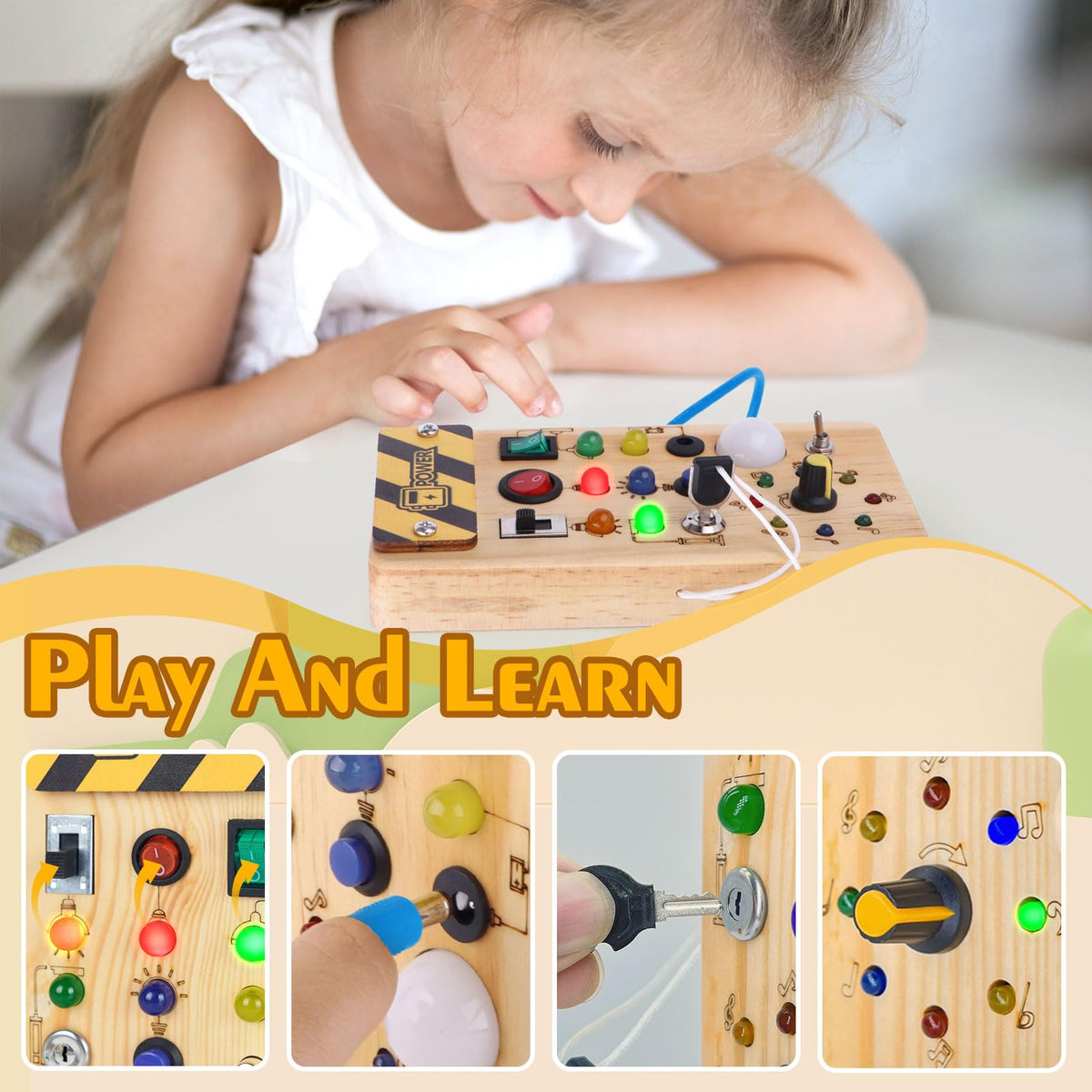 Hoarosall Montessori Wooden Busy Board with 8 LED Light switches, Sensory Toys Light Switch Travel