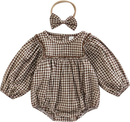 Douhoow Infant Baby Girl Plaid Romper Baby Sweatshirt Romper Ruffle Festival Clothes Fall Winter