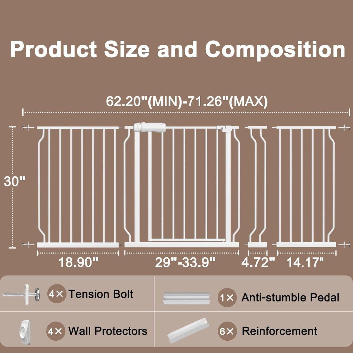 WAOWAO Baby Gate 62.20-71.26" Extra Wide Pressure Mounted Walk Through Swing Auto Close Safety