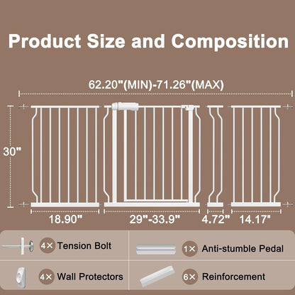 WAOWAO Baby Gate 62.20-71.26" Extra Wide Pressure Mounted Walk Through Swing Auto Close Safety