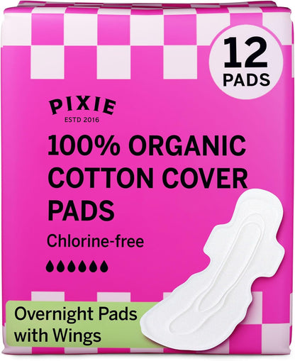 Pixie Organic Cotton Overnight Pads for Women - Extra Heavy Absorbency with Wings - Leak-Proof
