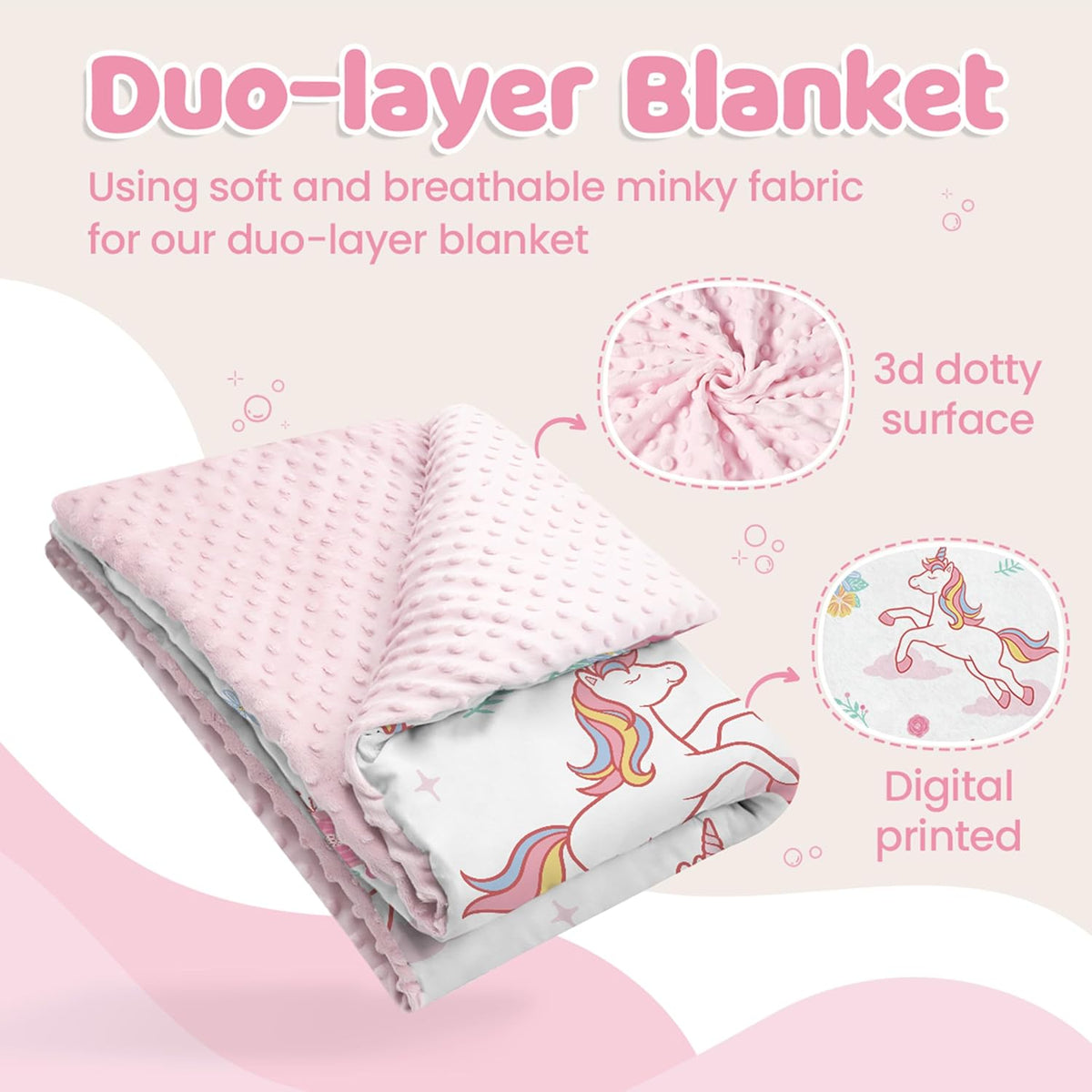 SANDJEST Unicorn Kid Blankets for Girls 30 x 40 - Throw Minky Blanket with Double Layer Dotted