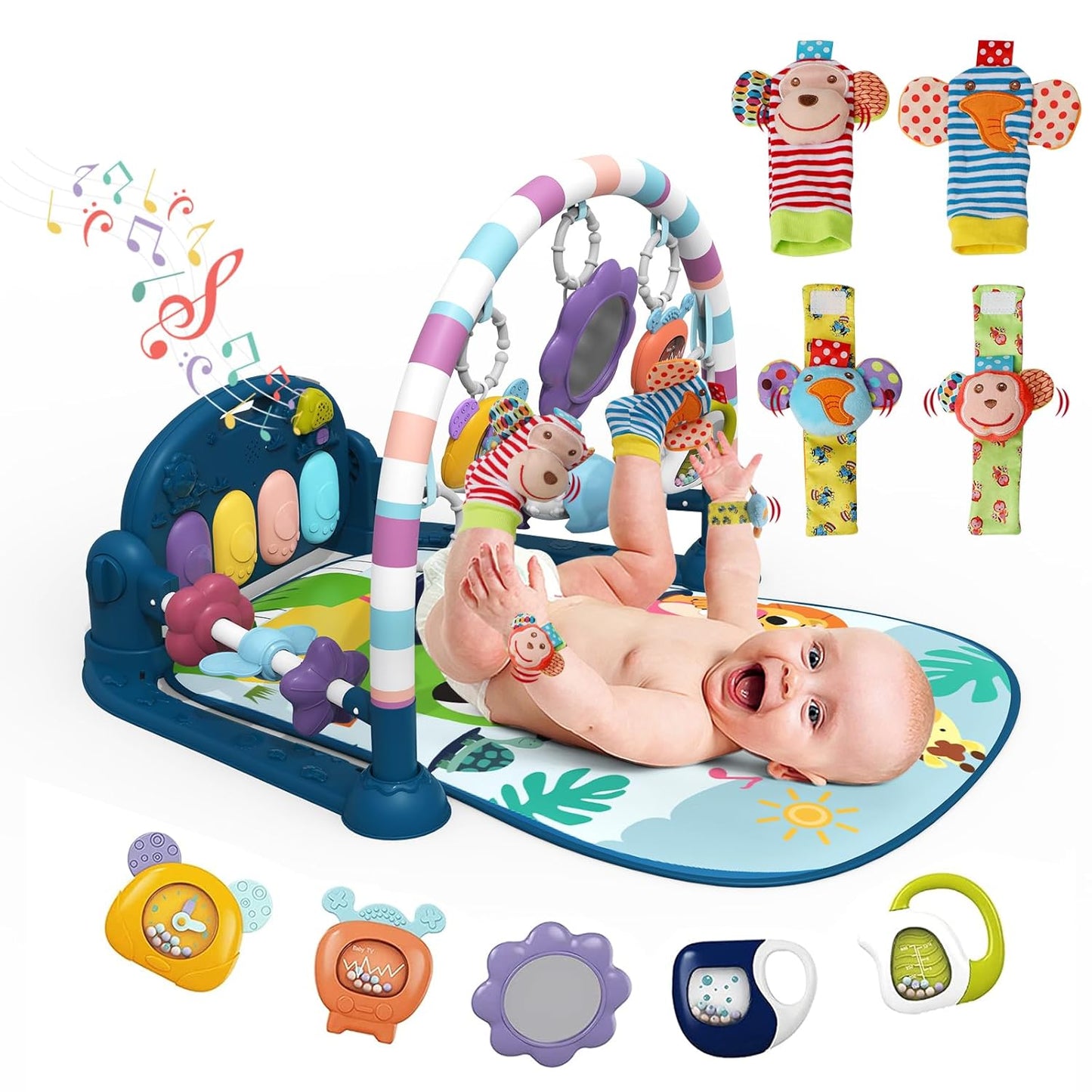 dearlomum Baby Play Mat Gym,Funny Play Piano Tummy Time Activity Mat with 5 Infant Sensory Toys & 4