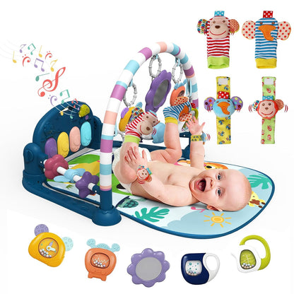 dearlomum Baby Play Mat Gym,Funny Play Piano Tummy Time Activity Mat with 5 Infant Sensory Toys & 4