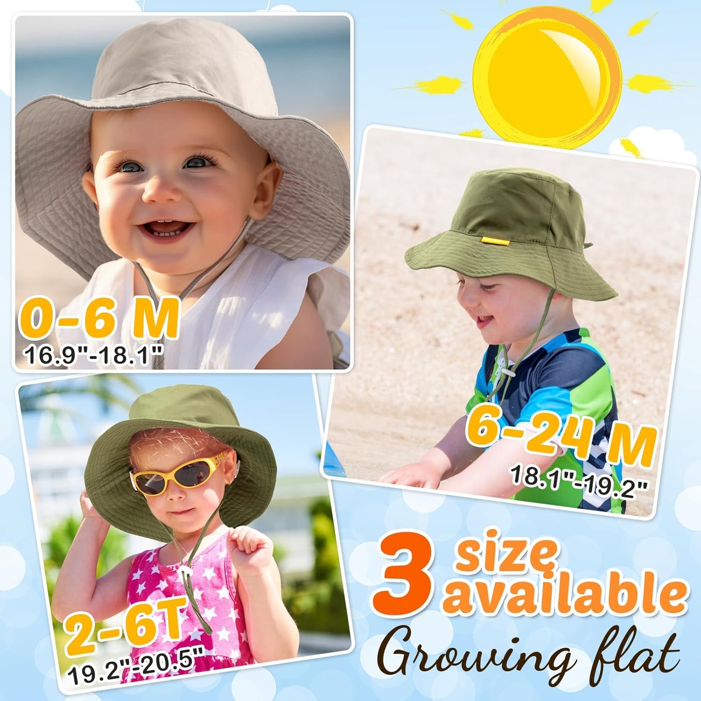 Baby Sun Hat Kids Summer UPF 50+ Toddler Bucket Hat Wide Brim Adjustable Beach Hats for Boys Girls
