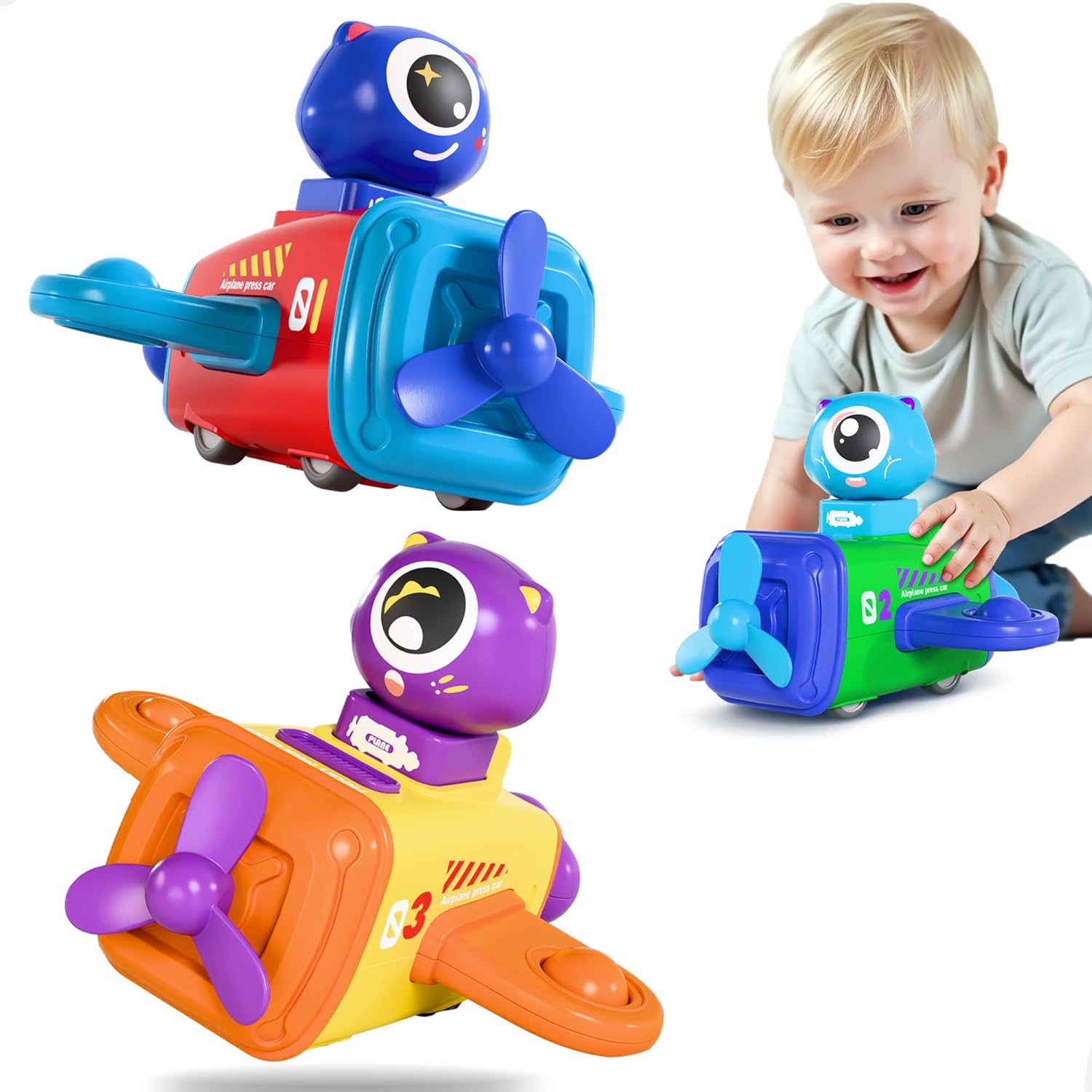 iPlay, iLearn Press to Go Car Toys for Toddlers 1-3, Baby Airplane Race Cars, Infant Push Go Play