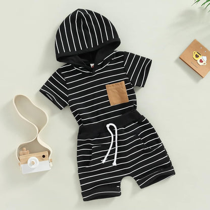 Toddler Baby Boy Summer Hooded Outfit Contrast Color Short Sleeve T Shirt Top Elastic Shorts Summer