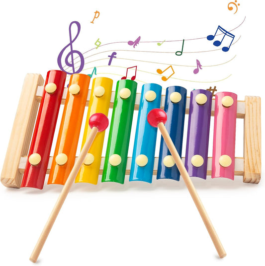 LovesTown Wooden Xylophone Musical Toy, 8 Rainbow Keys, 2 Mallets, Educational Instrument for