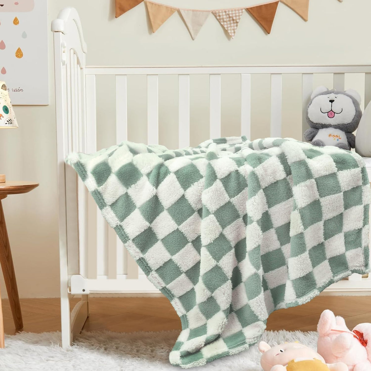HOMRITAR Checkered Baby Blanket for Boys Sage Green Soft Fluffy Fuzzy Blankets with 3D Chessboard