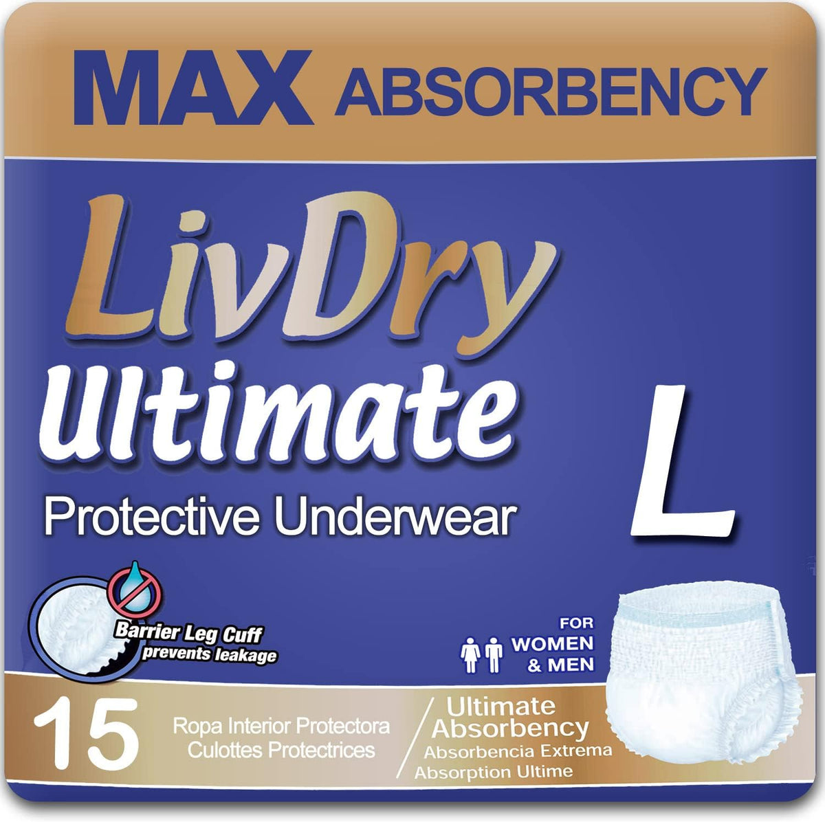 LivDry Large Ultimate Adult Incontinence Underwear, Max Absorbent Adult Diapers with Leak