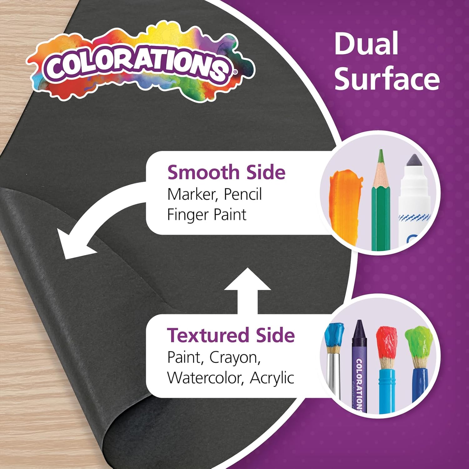 Colorations Dual Surface Paper Roll Classroom Supplies for Arts and Crafts Black (36" x 1000')