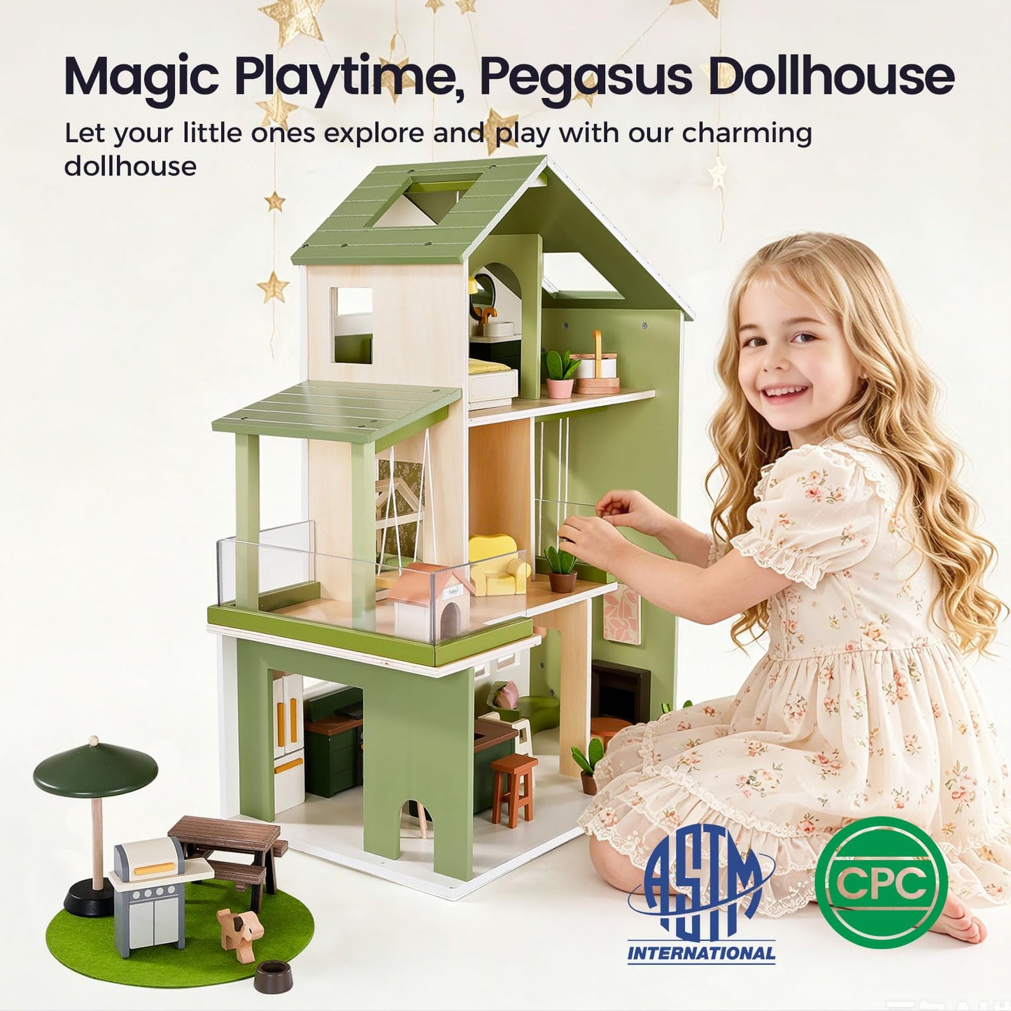 Tiny Land Wooden Doll House, Modern Family Dollhouse with Realistic Design