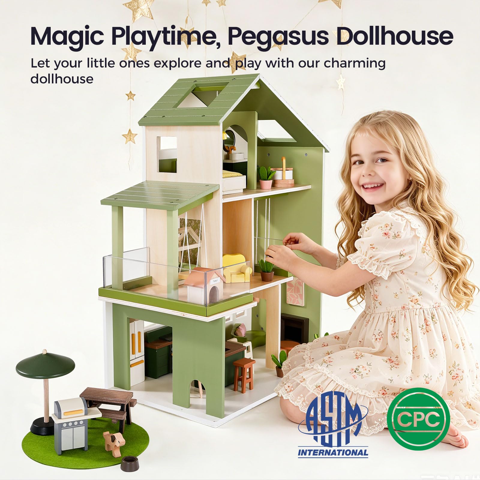 Tiny Land Wooden Doll House, Modern Family Dollhouse with Realistic Design