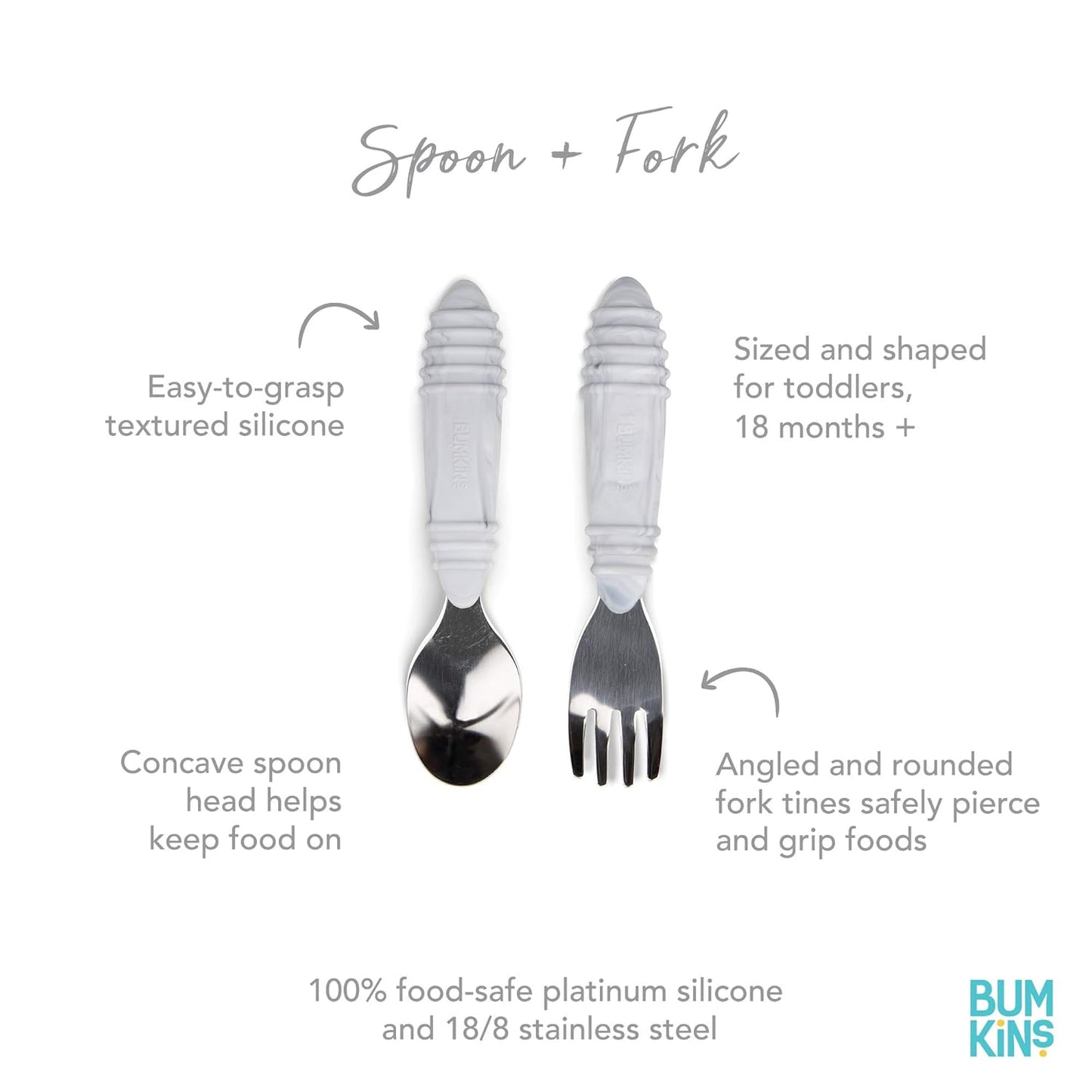 Bumkins Toddler Utensils, Kids Size Fork and Spoon Set, Silicone and Stainless-Steel Training