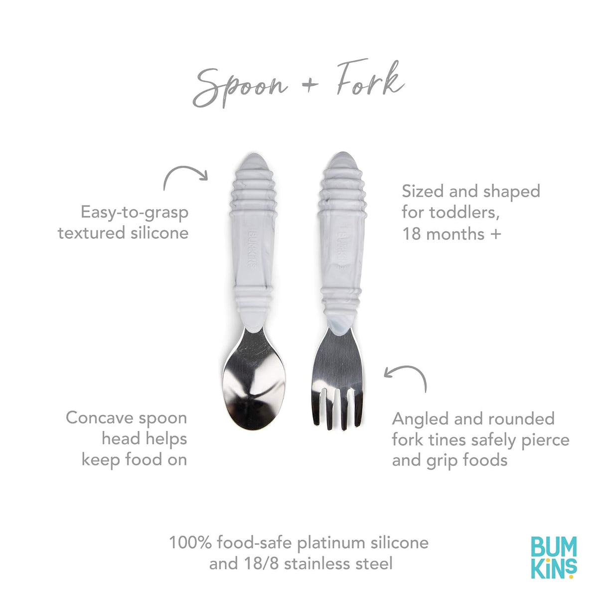 Bumkins Toddler Utensils, Kids Size Fork and Spoon Set, Silicone and Stainless-Steel Training